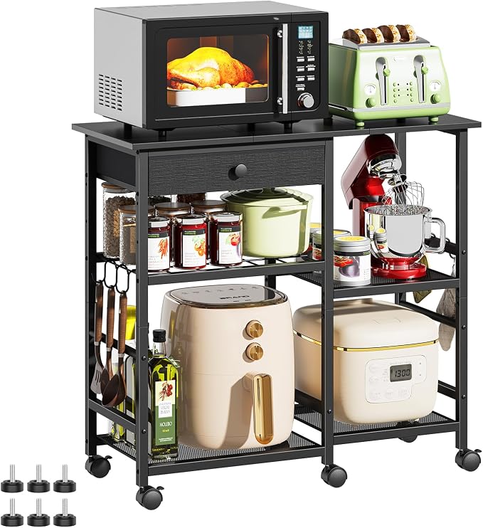 Microwave Cart, Microwave Stand with Wheels & Adjustable Shelf | Coffee Bar Table Station, 6-Tier Rolling Storage Cart Organizer Shelf for Living Room, Kitchen Island, Office, Black