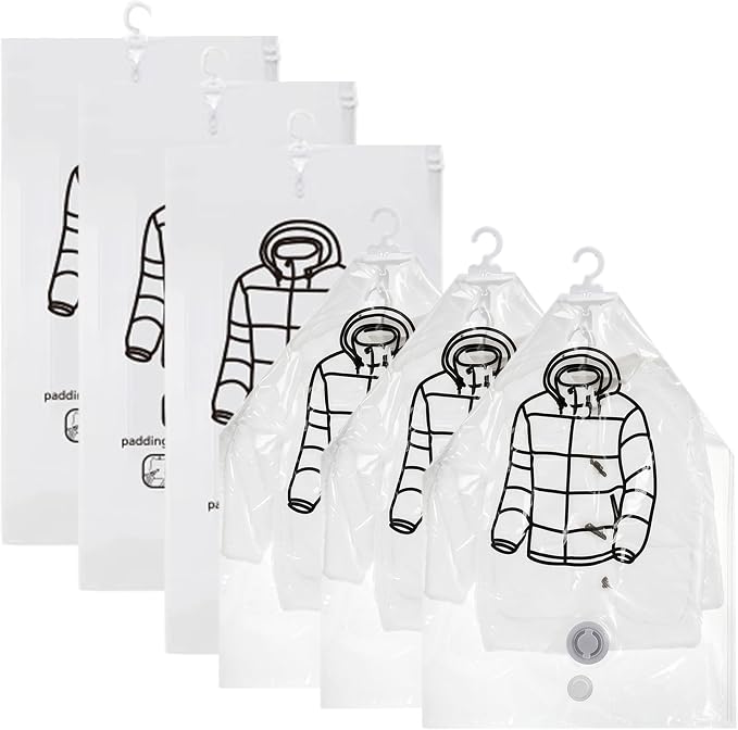 6PCS Hanging Vacuum Storage Bags, Transparent Thick Space Saver Bags, Reusable Compressed for Suits, Dress, Jackets, Vacuum for Clothes