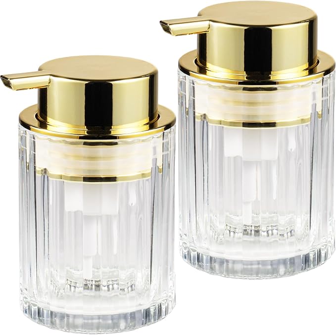 Amolliar Foaming Soap Dispenser, Plastic Pump Clear Glass Soap Dispenser, 8OZ Refillable Hand Soap Dispenser for Bathroom, Kitchen, Shower, Soap Pump Bottle for Liquid or Lotion Dispenser(Gold 2 Pack)