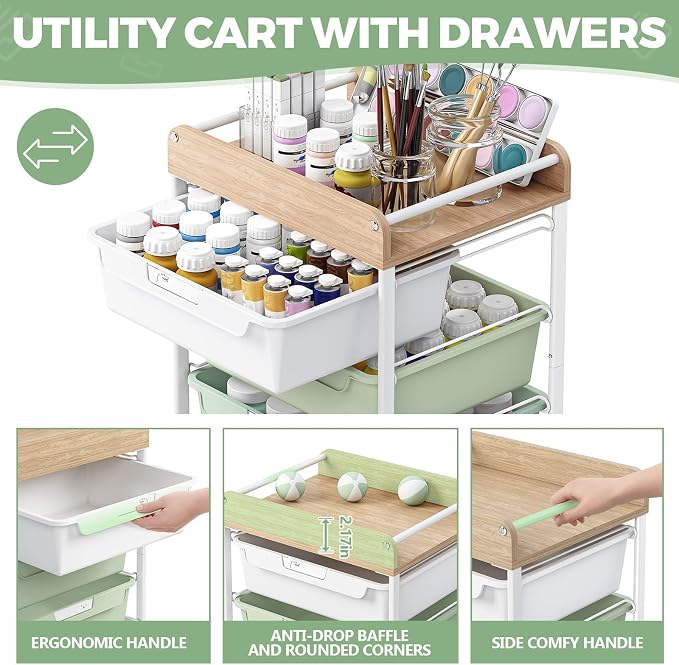 SYKIARIOL Rolling Cart with 6 Drawers,Utility Storage Cart with Drawers,Art Craft Organizers and Storage,Makeup Organizer with Wooden Tabletop,Green