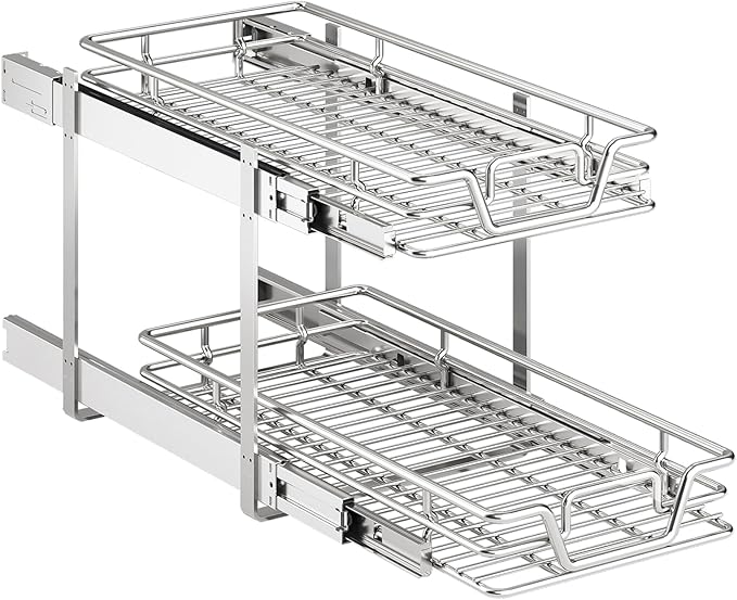 2-Tier Kitchen Cabinet,Pull Out Cabinet Organizer,Shelf and Drawer Organizer Slide Out Pantry Storaqe Basket in Multiple Sizes (12" W x21 D)
