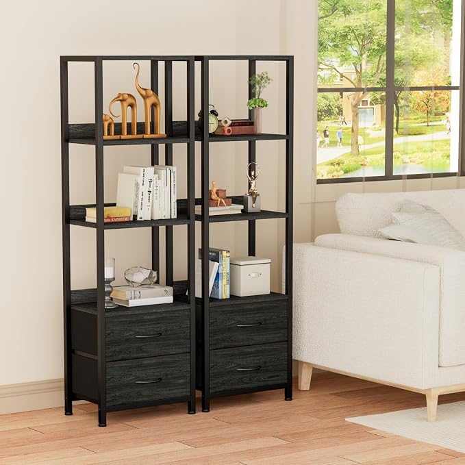 Furnulem 4-Tier Corner Shelf, Bookshelf with 2 Storage Drawers, 57.28”Tall Narrow Bookcase, Standing Shelf Organizer Unit for Living Room, Bedroom, Metal Frame, Wood Display Shelf | 57.28”Tall Bookcase for Bedroom,Living Room,Display Cabinet with Metal...