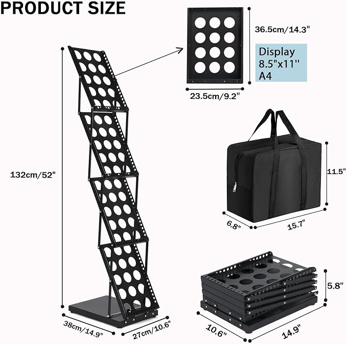 Foldable Brochure Display Stand with Carrying Bag, Literature Stand 4 Tier | Literature Rack for Trade Shows, Exhibitions, Office, and Retail Stores. Metal, Portable, and Easy to Assemble, Black Finish
