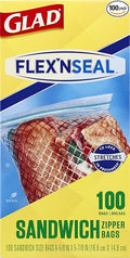 GLAD FLEXN' SEAL Zipper Food Storage Sandwich Bags, On-the-Go Snack and Lunch Bags, Zipper Sandwich Sealer, Microwave Safe, BPA Free, 100 Count (Pack of 1)