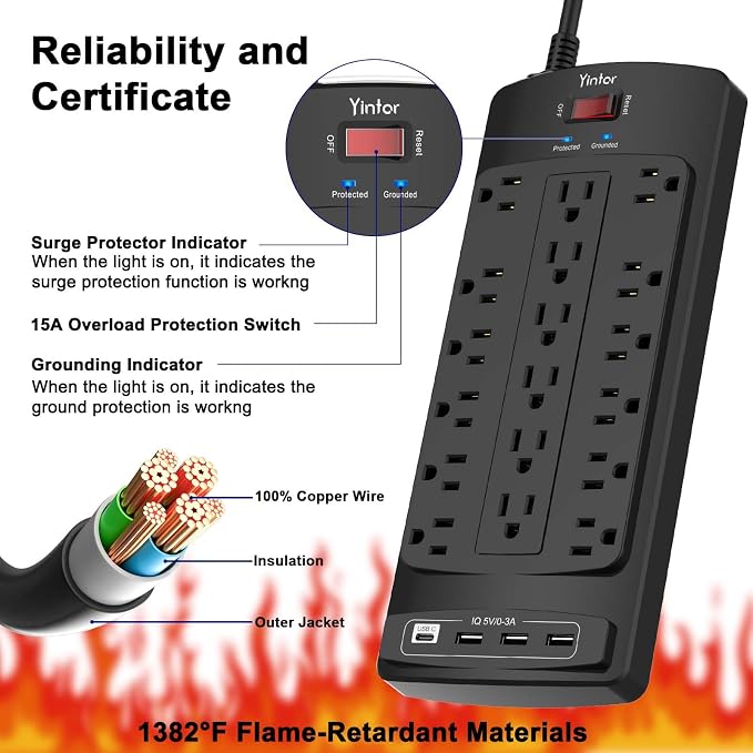 Surge Protector Power Strip, Yintar 10 Feet Flat Plug Heavy Duty Extension Cord with 18 Widely Outlets and 4 USB Ports, 2100 Joules, ETL Listed, Black