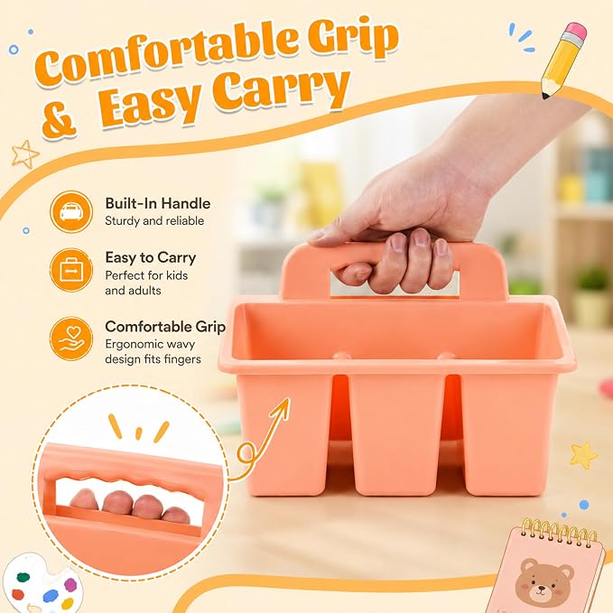Plastic Classroom Caddy with Handle, 6 Pack 4-Compartment Teacher Supply Organizer, Stackable Desk Caddies for Pencils, Markers, Crayons, Art Craft Supplies, School Office Home, Modern Pastel Colors