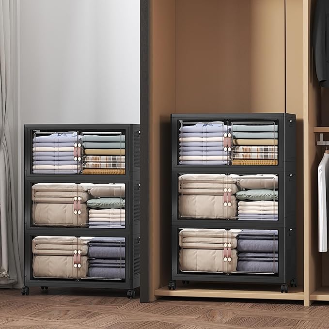 UAMFURI Extra Large Stackable Storage Bins with Lids & Wheels, Foldable Collapsible Closet Organizers Dark Storage Cabinet with Doors for Bedroom Dorm