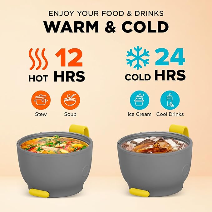 ENERGIFY Vacuum Insulated Food Jar. Large 12oz Bowl incl. Folding Spoon, Cup. Wide Mouth Keep Hot & Cold Drinks Soup Lunch Container for Adults. BPA-Free Stainless Steel, Leak Proof Yellow
