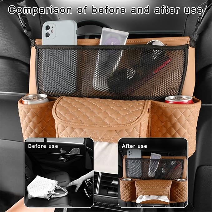 DXNQ Car Purse Holder Between Seats, Luxury Leather Front Seat Back Handbag Organizer with Tissue Box Cup Holders, Auto Large Capacity Multi Pocket Purse Holder Hanging Storage Bag (Brown)