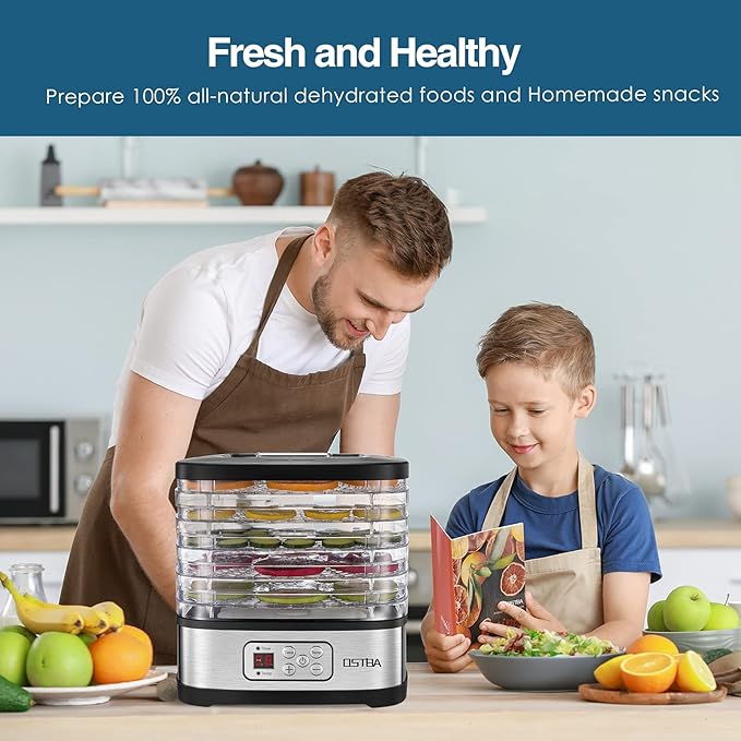 OSTBA Food Dehydrator Machine Adjustable Temperature & 72H Timer, 5-Tray Dehydrators for Food and Jerky, Fruit, Dog Treats, Herbs, Snacks, LED Display, 240W Electric Food Dryer, Recipe Book