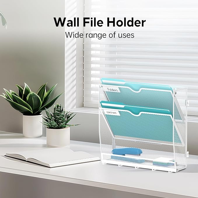 Wall File Organizer - Hanging File Organizer with 5 Hooks, Mail Holder Wall Mounted for Papers, Folders, Magazines, Bills, 3 Tier Office&School Organization, White