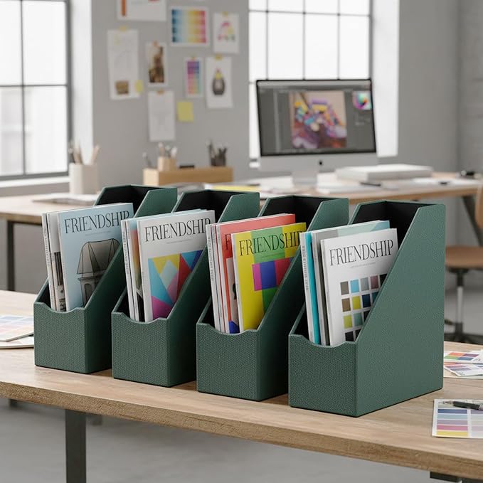 UnionBasic Magazine File Holder, Leatherette Desktop Document Organizer, Home Office Paper Holder File Storage Literature Sorter, Dark Ivy