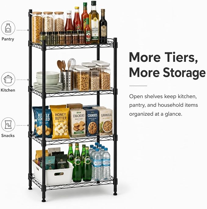 4 Tier Storage Shelves, Metal Wire Shelving Unit, Heavy Duty Adjustable Shelf Rack for Pantry, Kitchen, Garage and Laundry Room, Black