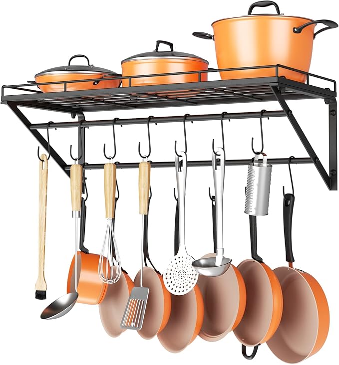OROPY 31" Pot Rack Wall Mounted, Pot Organizer with 2 Tier Hanging Rails | Heavy Duty Pot and Pan Organizer with Storage Shelf & 12 S Hooks, Space Saving Hanging Pot Rack