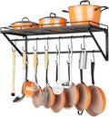 OROPY 31" Pot Rack Wall Mounted, Pot Organizer with 2 Tier Hanging Rails | Heavy Duty Pot and Pan Organizer with Storage Shelf & 12 S Hooks, Space Saving Hanging Pot Rack