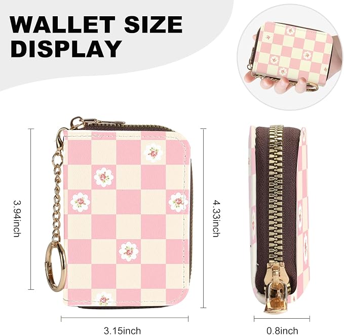 Credit Card Holder for Women,Small Rfid Wallet with Keychain Zipper,Cute PU Leather Card Case Wallet，Accordion Credit Card Wallets Gift,Pink checkered