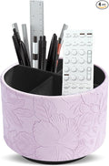 Round Leather Art Supply Organizer,Remote Control Holder,360 Degree Spinning,Multi-Functional Pencil Holder,4 Compartments Desktop Stationary Organizer(1-Carved Purple)