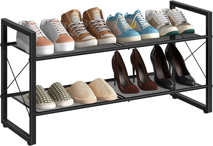 CHOEZON Shoe Rack, 2-Tier Shoe Rack for Closet, Metal Shoe Storage Organizer, Shoe Rack for Entryway, Shoe Shelf with Adjustable Feets, for Entryway, Hallway, Living Room, Bedroom, Black TXJ12BB