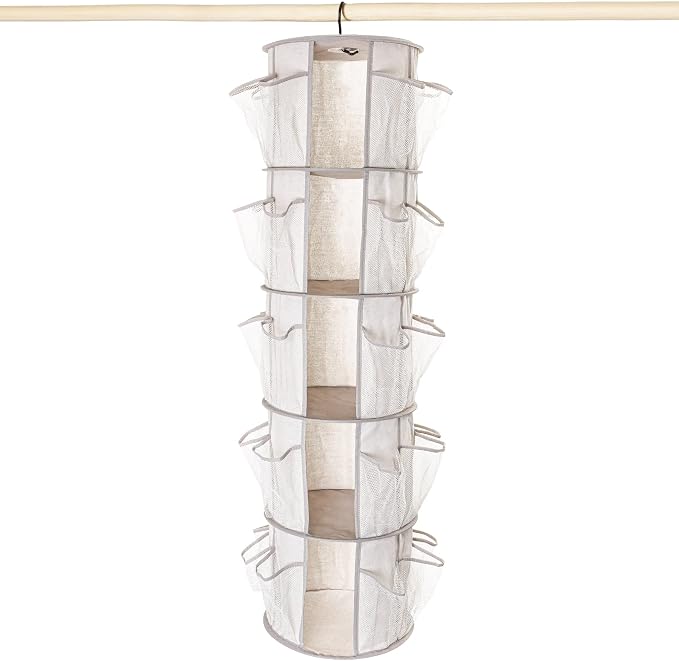 5 Tier Rotating Hanging Closet Organizer with 40 Mesh Pockets, 360 Degree Hanging Storage Organizer, Canvas Closet Shelf Organizer for Shoes, Sweaters, Hats, Bags, Toys, Bedroom, Nursery, Closet