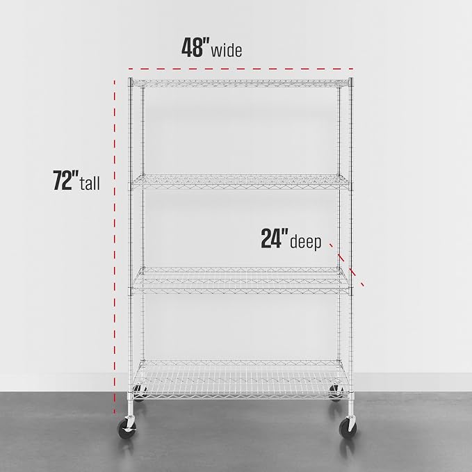 SafeRacks NSF Heavy Duty 4-Tier Steel Wire Rack w/Wheels (24"x48"x72")