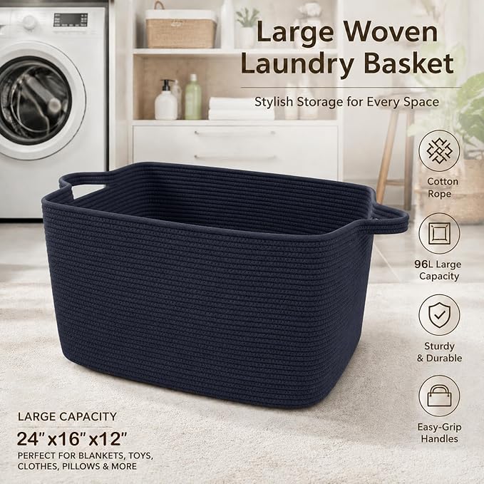 96L Extra Large Navy Cotton Rope Laundry Basket with Sturdy Handle | 24x16x15 Foldable Rectangular Blanket Basket for Toys, Clothes & Pillows,Ideal for Nursery, Bathroom, Bedroom, Living Room