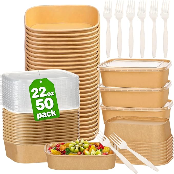 50 Pack 22Oz Disposable Meal Prep Containers With Lids and Forks-Disposable Kraft Paper Bowls-to go food containers-Microwavable and Freezer Safe Take Out Containers for Hot/Cold Food Prep and Salad