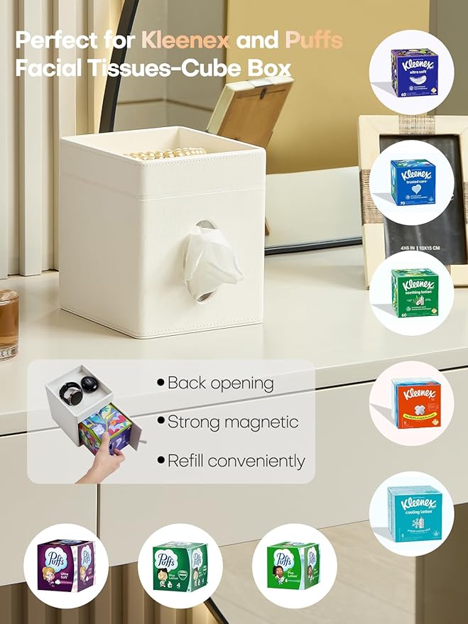 Tissue Box Holder Cover, Modern PU Leather Square Decorative Tissue Holder Organizer-Woven New Off White