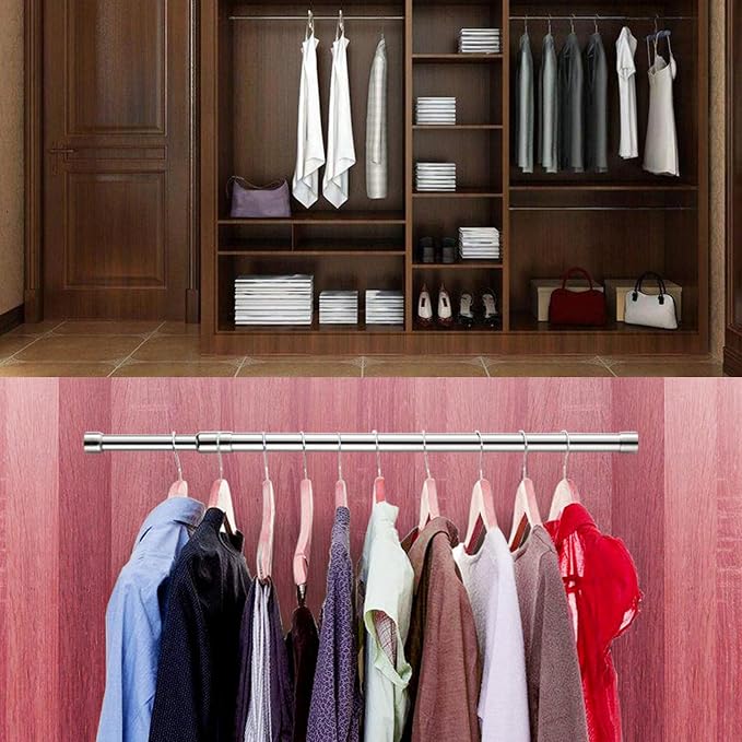 Hanging Closet Rod Heavy Duty with End Caps Adjustable Closet Rod 16-26 Inches Stainless Steel Silver Quantity-1pcs