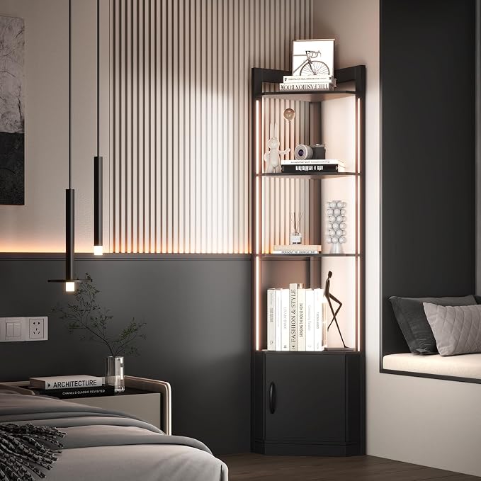 5-Tier Corner Shelf with RGB LED Light, 65" Tall Display Cabinet | Remote & APP Control, Adjustable Brightness/Color Temp, Floor Lamp with Shelves for Living Room Bedroom