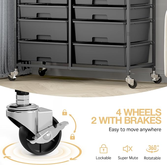 Rolling Storage Cart with 12 Drawers, Wooden Tabletop Utility Cart for Craft Storage, Art Supply Storage & Home Office Organization, Teacher Cart with Wheels for Classroom, School (Black)