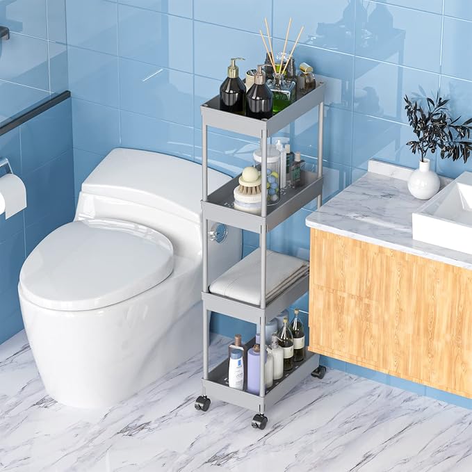 Sooyee 4 Tier Wide Storage Cart Mobile Shelving Unit Organizer Slide Out Storage Rolling Utility Cart Tower Rack for Kitchen Bathroom Laundry, Plastic & Stainless Steel,Grey