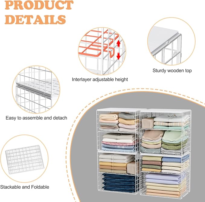 Huxitocan 4-Tier Stackable Closet Organizers and Storage Shelves, Closet Storage Basket with Wood Tops, Adjustable Height Dividers Closet Storage Bins for Home Closet Organizer System, White