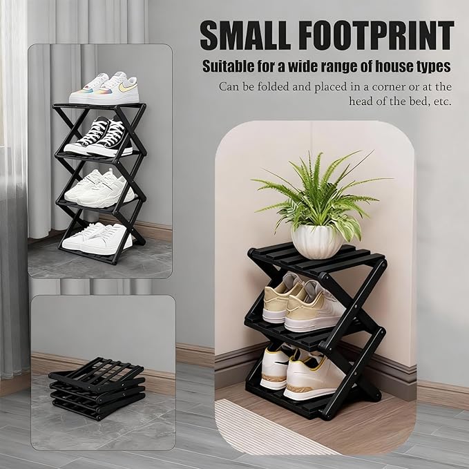 Small Shoe Rack Black, 3 Tier Portable Folding Shoe Storage Rack, Without Installation, Mini Free Standing Shoe Rack for Camping, Corridors, Bedrooms Living Room Corner and Small Spaces