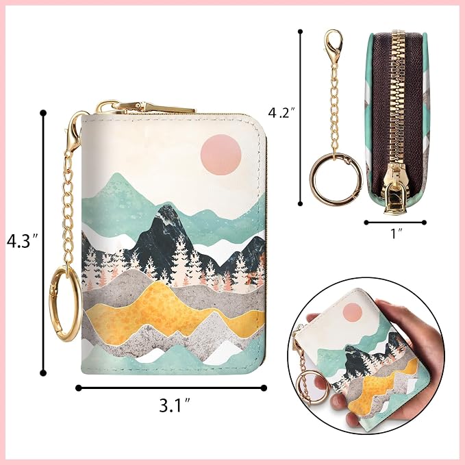 Blusabaca RFID Credit Card Holder Small Women Travel Wallet, Sunrise | Sunset Mountain, Removable Keychain, Case Zipper, PU Leather, Cash Coin Pocket, Business Accordion Purse, Ladies Female Gift
