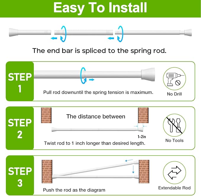 HAOYUNIE 2 Pack Tension Curtain Rods, 30-63 Inches Adjustable Spring Tension Rods, No Drill No Slip, for Windows, Doorway, Bathroom & Closet (White)
