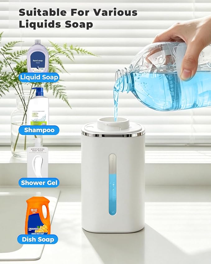 Automatic Soap Dispenser Touchless,USB Rechargeable, 9-Level Adjustable | 13.5oz/400mL, IPX5 Waterproof, Wall/Tabletop, Compatible with Thick Thin Dish Soap for Kitchen Bathroom, White