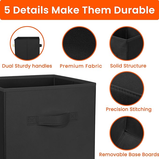 Criusia Storage Cubes, 11 Inch Clothes Storage Bins for Shelves Closet (10 Pack), Fabric Collapsible Storage Bins with Dual Handles, Cubby Storage Baskets for Magazines, Dorm Essentials (Black)