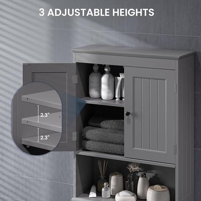 Bealife Over The Toilet Storage Cabinet with Open Shelf - Grey | Over Toilet Bathroom Organizer with Adjustable Shelf and Double Doors, Space Saver Free Standing Storage Shelf for Bathroom