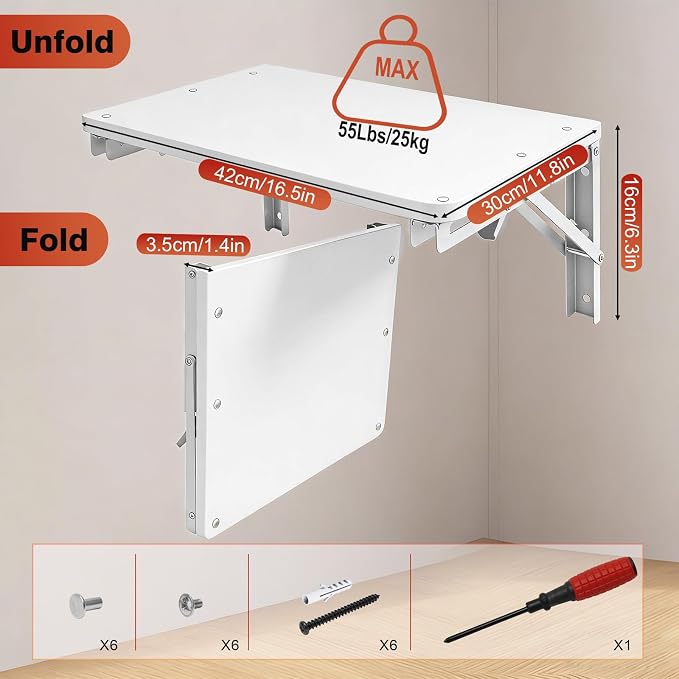 Folding Shelf Wall Mounted, 16.5inches Floating Desk for Small Space | Wooden Fold Down Projector Shelf, 2pcs Heavy-Duty Brackets Holds Up to 55lbs for Bedside, Living Room, Home Office, Kitchen
