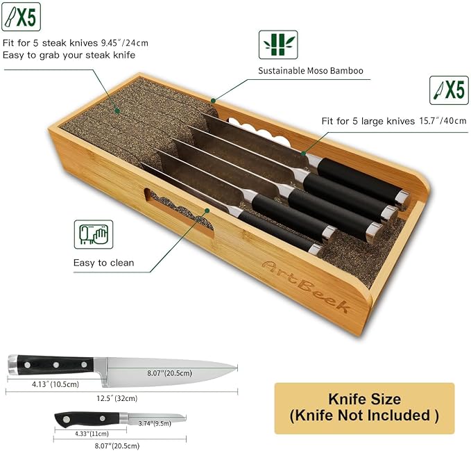 ArtBeek Knife Drawer Organizer Bamboo Insert Dock, 15'' Kitchen Steak Knives Holder Organizers Block for Drawer in Storage Organization