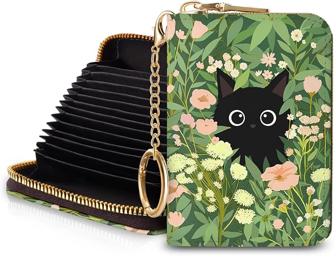 Blusabaca Women's Black Cat Floral RFID Wallet, Waterproof, Leather, 12 Card Slots, 2 Pockets for Coins, 2.5 in x 3.5 in | Removable Keychain, Case with Zipper, Vegan PU Leather, Cash Coin Pocket, Business Accordion Purse, Ladies Female Gift