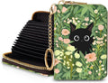 Blusabaca Women's Black Cat Floral RFID Wallet, Waterproof, Leather, 12 Card Slots, 2 Pockets for Coins, 2.5 in x 3.5 in | Removable Keychain, Case with Zipper, Vegan PU Leather, Cash Coin Pocket, Business Accordion Purse, Ladies Female Gift