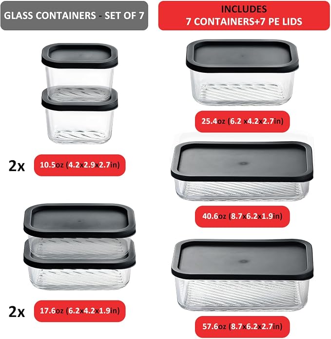 EATEX 7 Pack Glass Meal Prep Containers with Grooved Base, 7 Stackable BPA Free Glass Storage Containers with Lids for Lunch, Pantry, and Kitchen - Microwave, Dishwasher Freezer & Oven Safe - Black