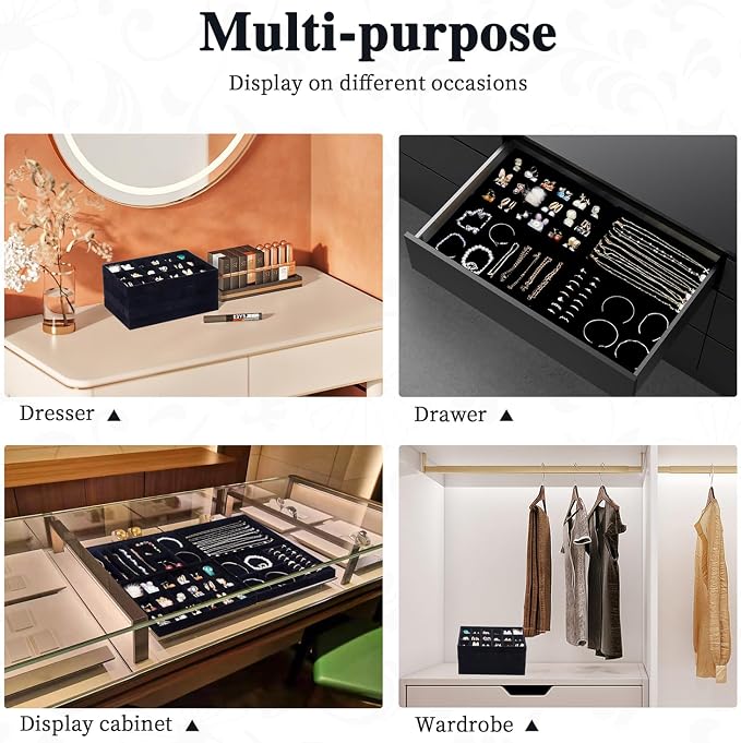 Jewelry Drawer Organizer, Drawer Jewelry Organizer for Inserts Velvet Stackable Jewelry Trays Earring Necklace Organizer Tray and Storage for Women, Black