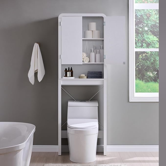 Over the Toilet Storage Cabinet, 69.69" Curved Bathroom Storage Organizer Cabinet with Doors and Adjustable Shelves, Wooden Free Standing Toilet Space Saver Rack, White