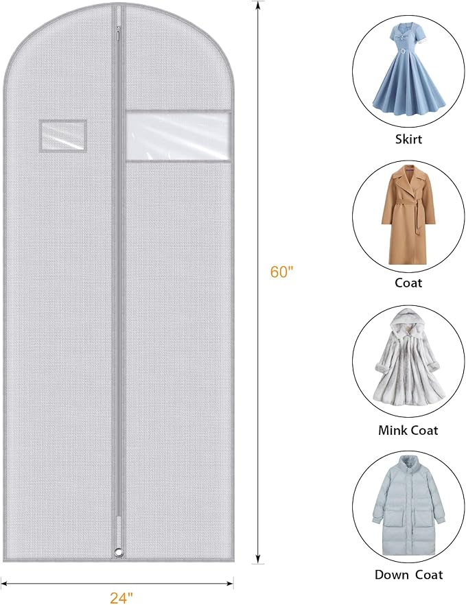 Syeeiex 60'' Dress Bags for Gowns, Set of 4 Garment Bag for Hanging Clothes, Dress Garment Bag, Dustproof and Keep Closet Tidy, Perfect for Suit Evening Dresses Fur Coat Long Dress Gown(Grey Pattern)
