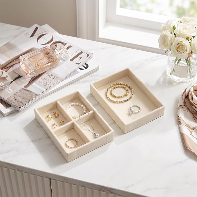 Small Jewelry Tray Set Velvet Ring Organizer Mini Jewelry Drawer Organizer Stackable Jewelrys Organizers Earrings Display Tray Storage Insert Holder for Box Drawer Dresser (Fashion)