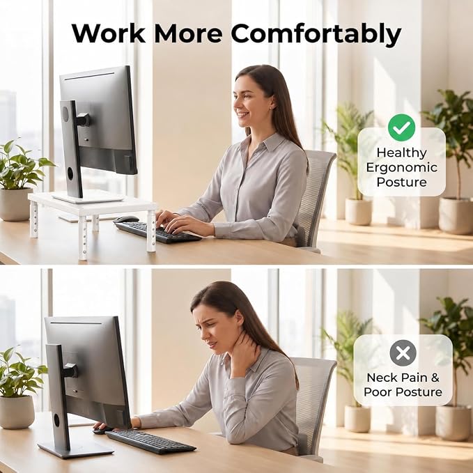 OPNICE Monitor Stand Riser for Desk, Adjustable Computer & Laptop Stand, Desk Organizer for Monitor, Laptop, PC, Printer, Office Desk Accessories for Home & Office, White Wood