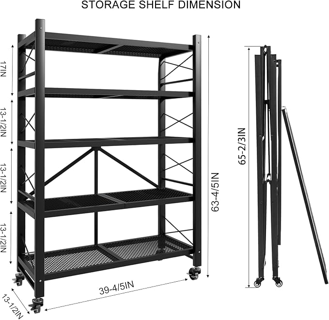 Folding Storage Shelves, Heavy Duty Garage Shelving Unit, Adjustable Metal Standing Storage Rack Shelf, No Assembly Wire Shelving Organizer with Wheels for Kitchen Pantry Warehouse (5-Tier, 2 Pack)