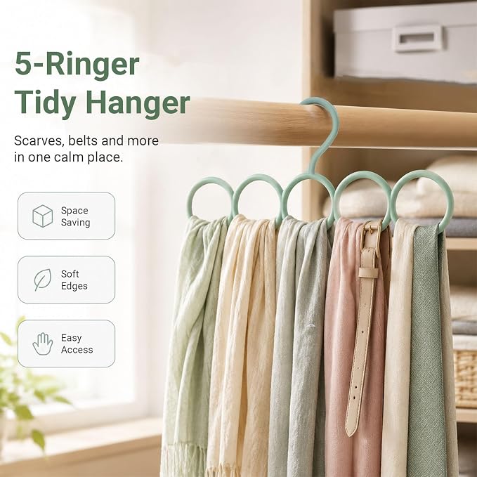 Coshar 5 Pack Scarf Hanger Holder Scarf Storage Organizer for Ties Belts Socks, Ring Hole Slots for Space Saving, Multiple Purpose Tie Belt Rack Organizer (2 White+ 3 Green)